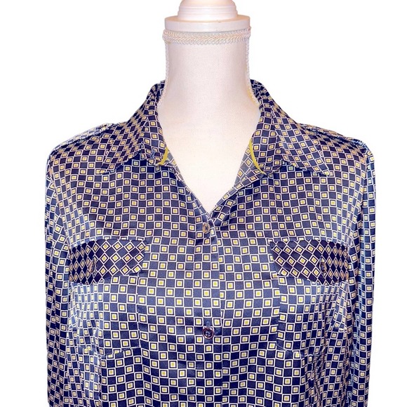 Jones New York - Signature Button Down Blouse w/lapel, blue + lime green, Large - Picture 3 of 10